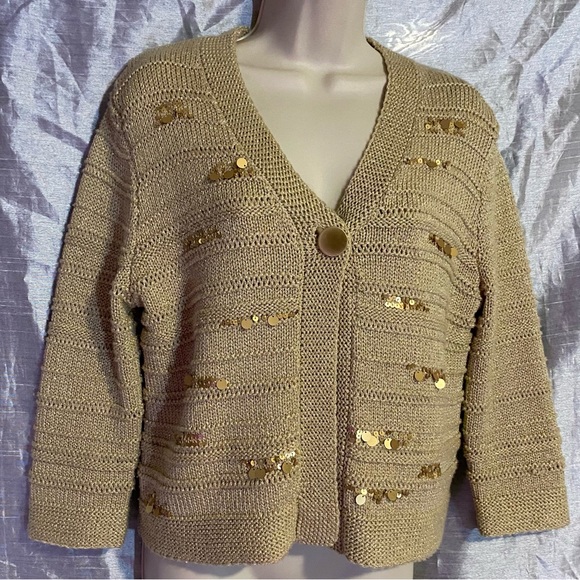 Ruby Rd heavy knit golden sweater 3/4 sleeve, SZ M GUC, sequins very sweet - Picture 1 of 8
